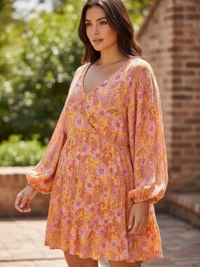Romantic Gypsy Boho Floral Paisley Tiered V-Neck Tunic Dress Yellow Pink L